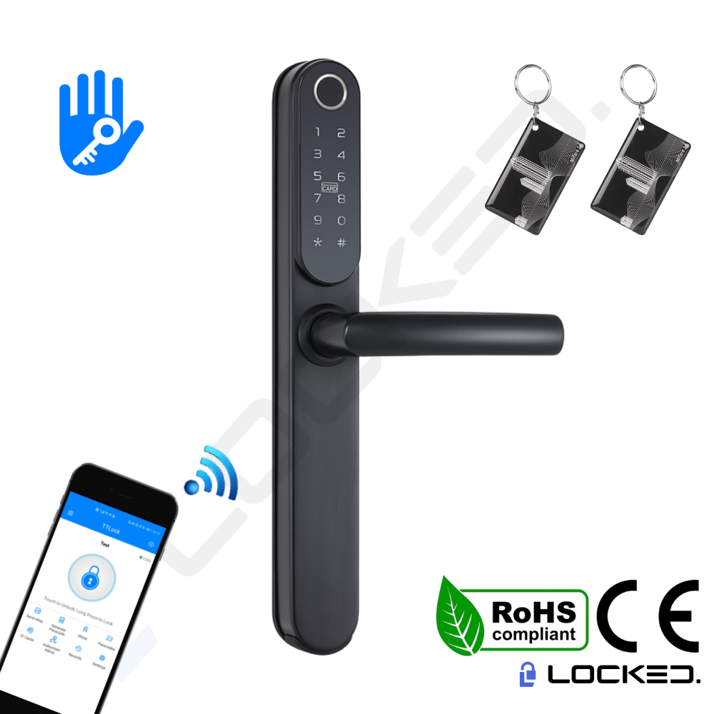 Yala Smart, Locked T01 Black, Inox, Access Amprenta, Cod, Card, Aplicatie, pentru usi PVC, MDF, Lemn
