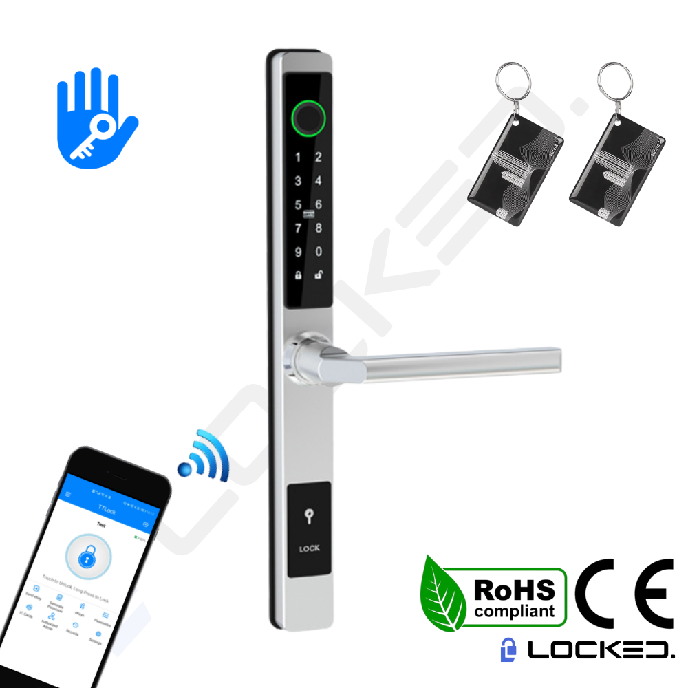 Yala Smart, Locked S01, UltraSlim, Aluminiu, Access Amprenta, Cod, Card, Aplicatie, pentru usi PVC